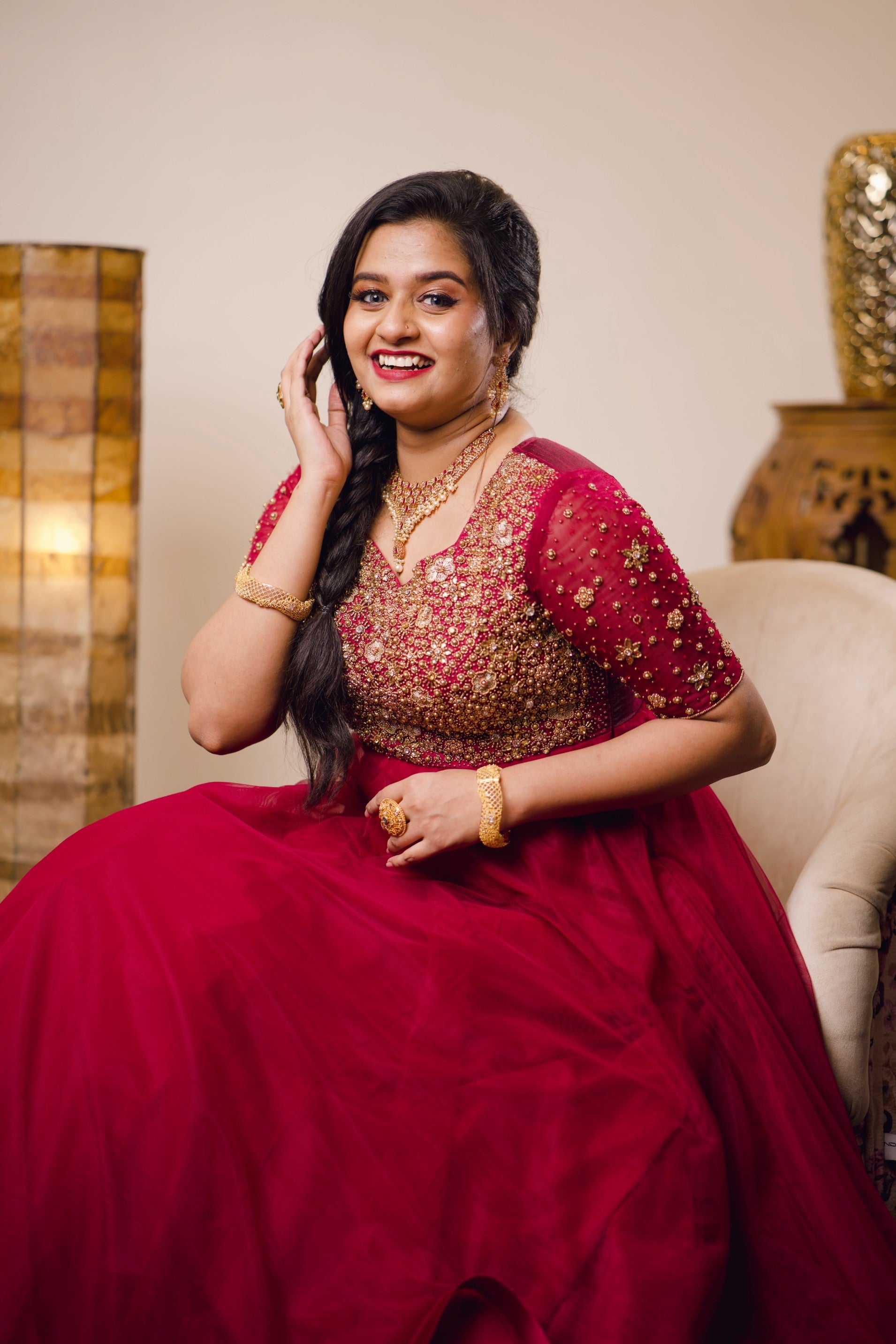 Amaranth Red Layered Gown Detailed With Golden Handwork Embroidery