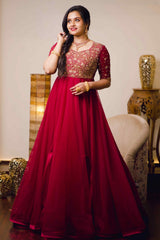 Amaranth Red Layered Gown Detailed With Golden Handwork Embroidery
