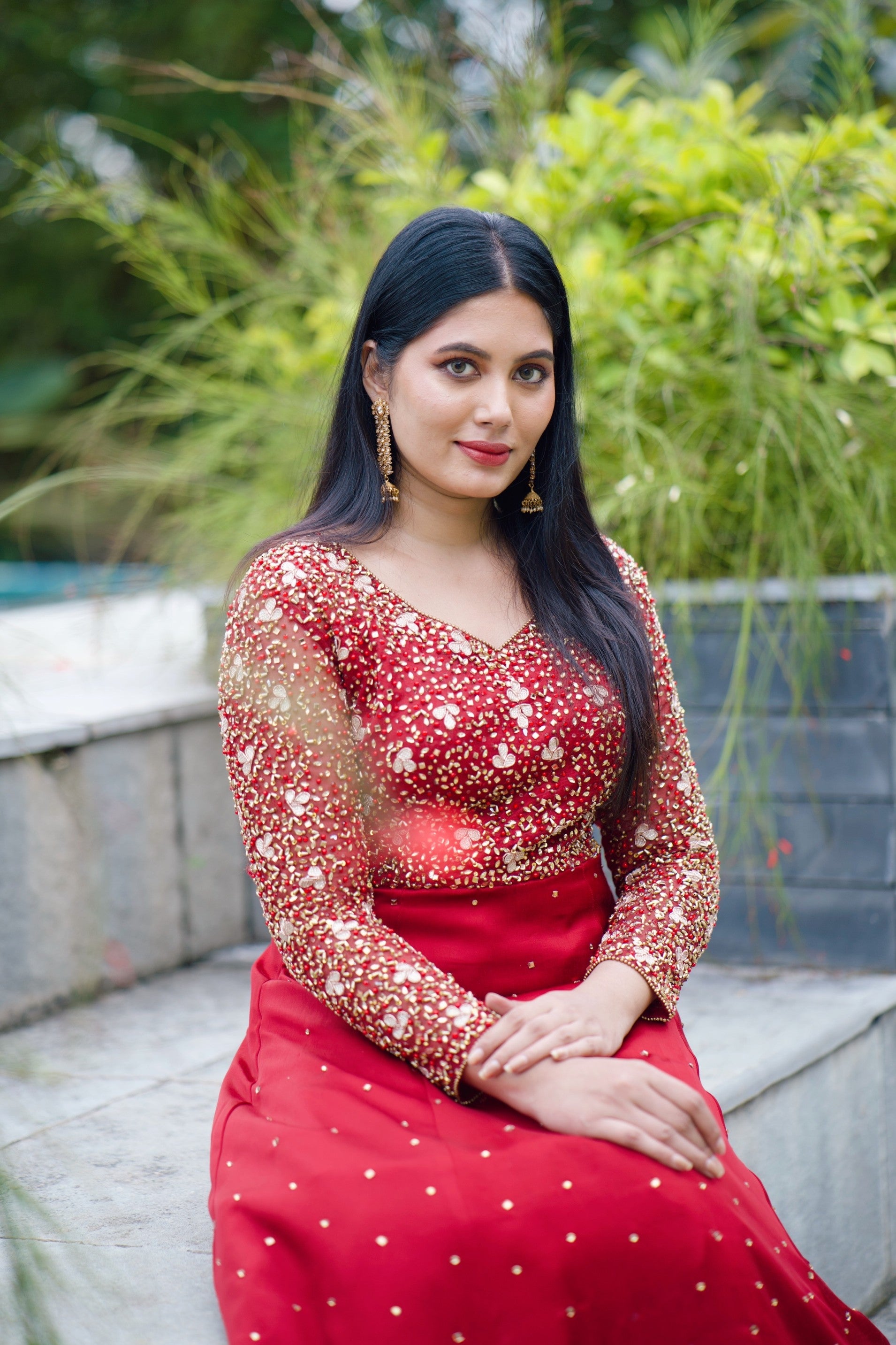 Ruby Red A-Line Gown Detailed With Golden Handwork Embroidery