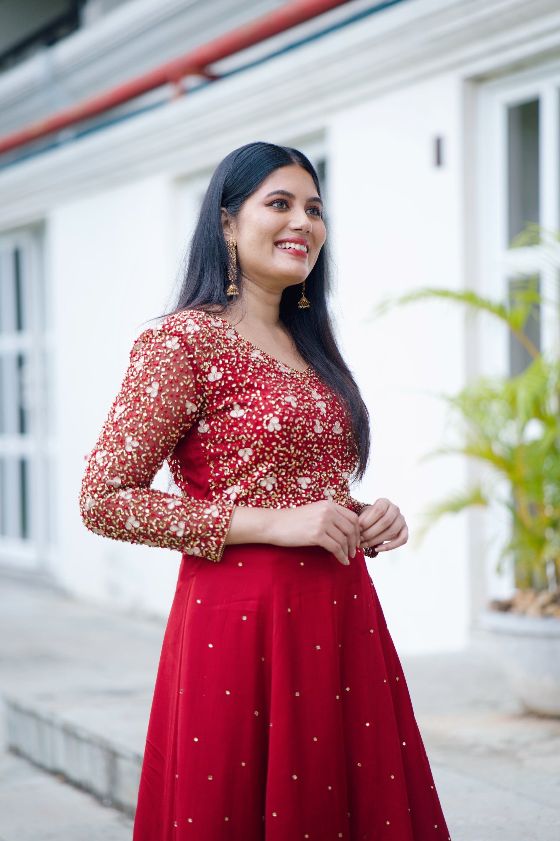 Ruby Red A-Line Gown Detailed With Golden Handwork Embroidery