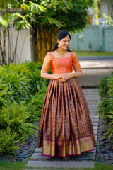 Fire Orange Traditional Lehenga detailed with Golden Highlight Embroidery
