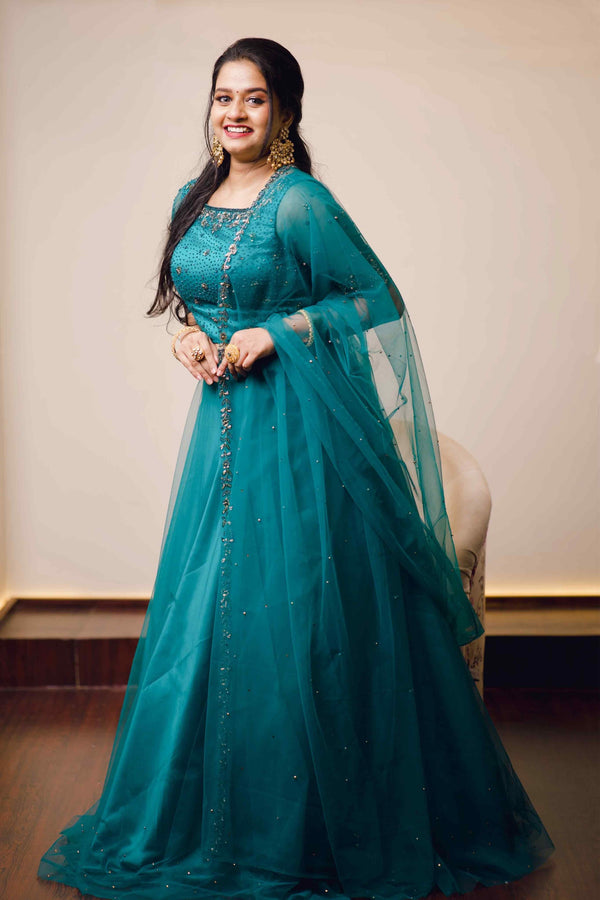 Teal Blue Lehenga Detailed with Antique Gold Embroidery