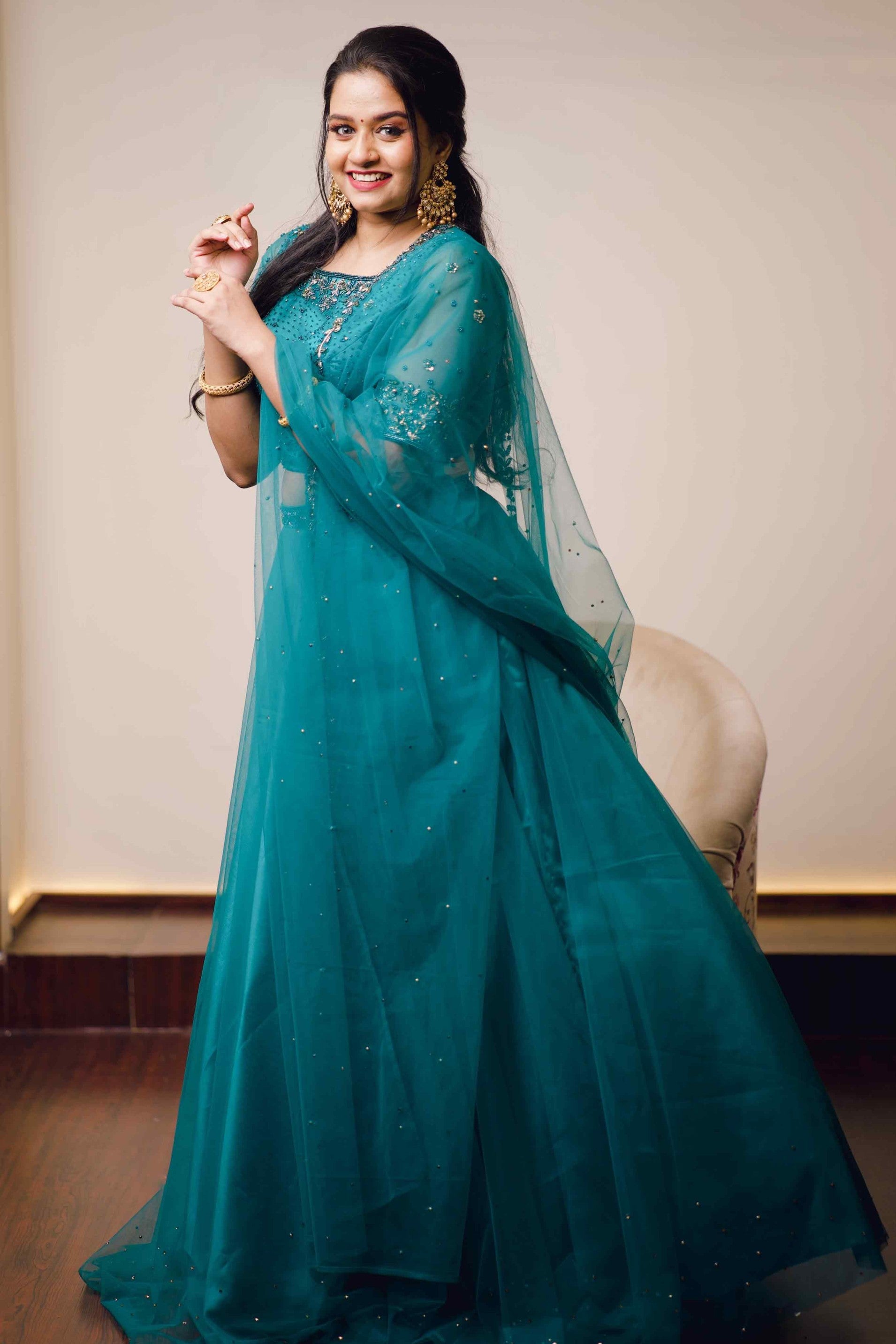 Teal Blue Lehenga Detailed with Antique Gold Embroidery
