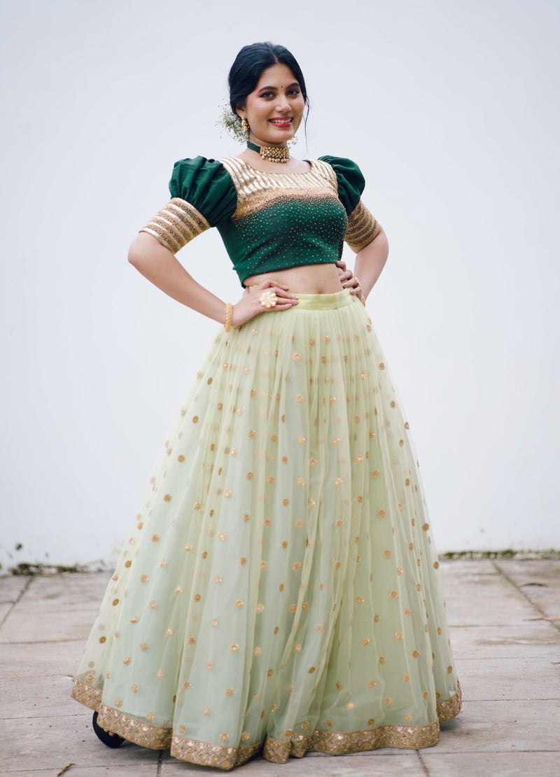 Rent Forest Green Lehenga with Net Blouse in US Online | Glamourental