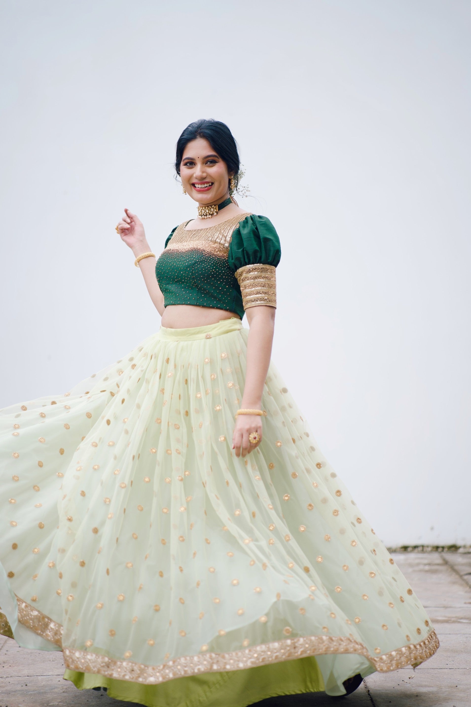 Forest / Pastel Green Lehenga Detailed with Golden Bead Hand Work