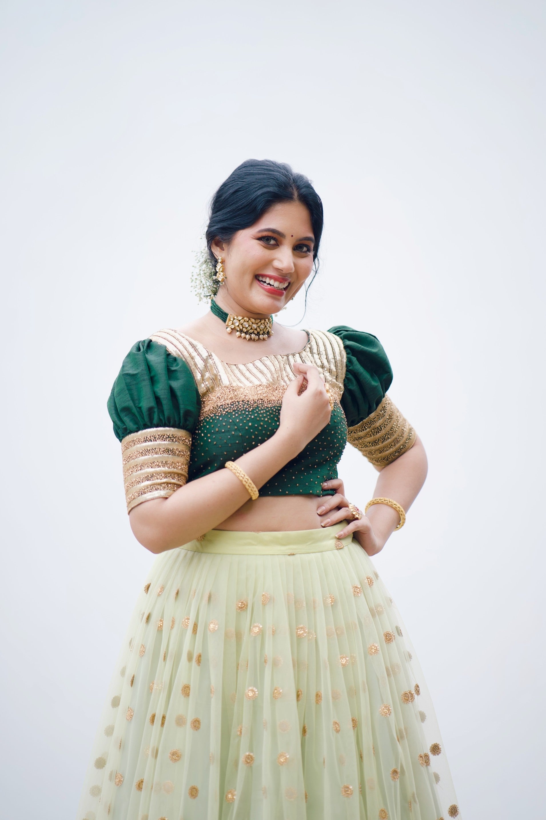 Forest / Pastel Green Lehenga Detailed with Golden Bead Hand Work