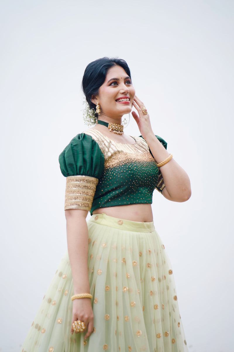 Forest / Pastel Green Lehenga Detailed with Golden Bead Hand Work