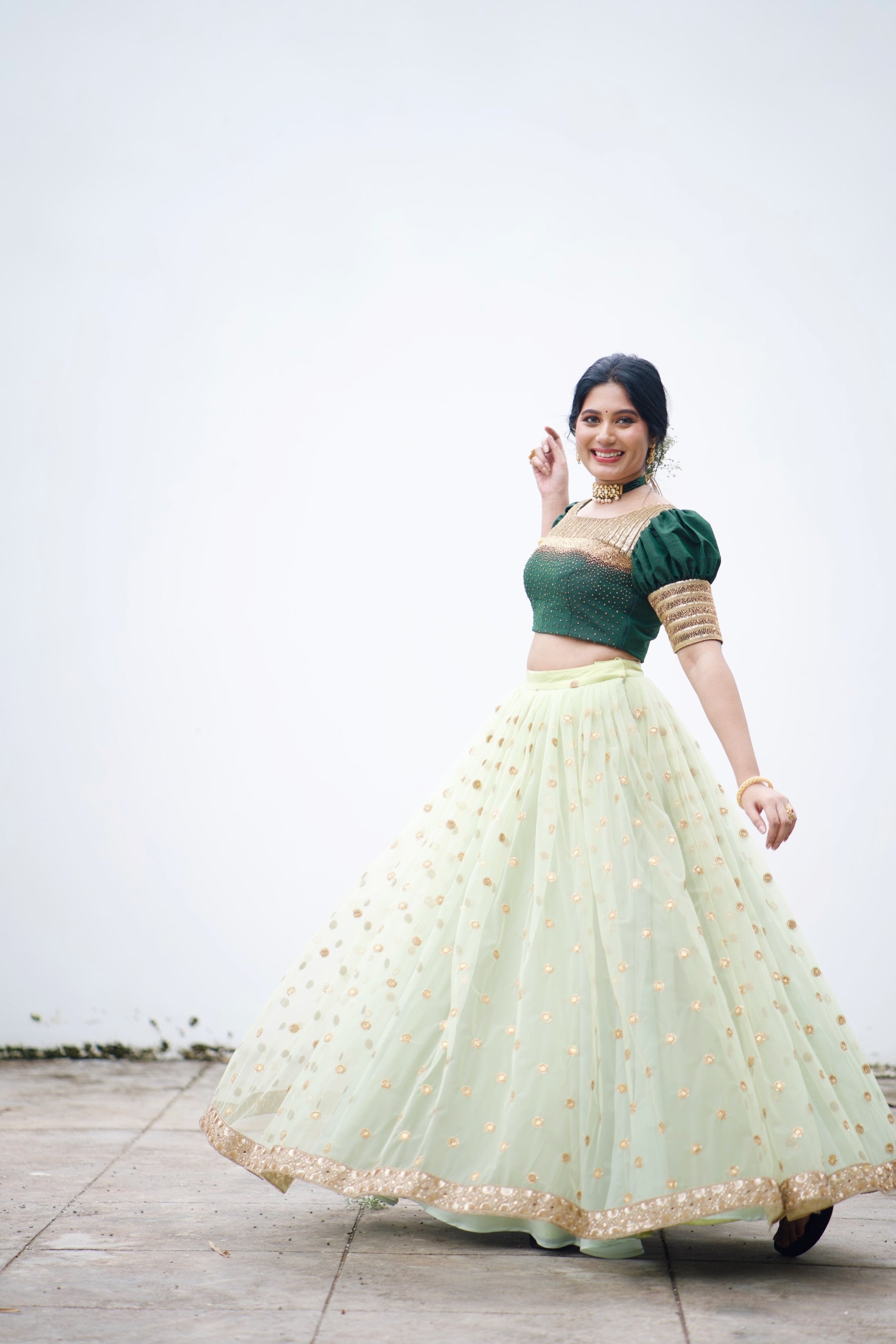 Forest / Pastel Green Lehenga Detailed with Golden Bead Hand Work