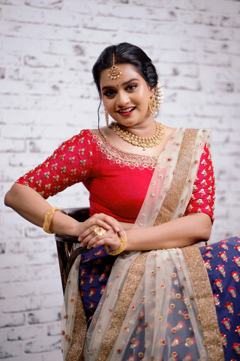 Red/ Blue Traditional Lehenga detailed with Golden Hand Embroidery