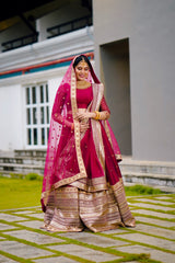 Heavy Bridal Ruby Pink Lehenga Detailed with Golden Hand Work