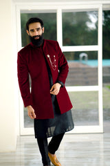 Wine Red Open Indo Western Slim Jacket with paired with Black Kurta & Black Narrow Pants