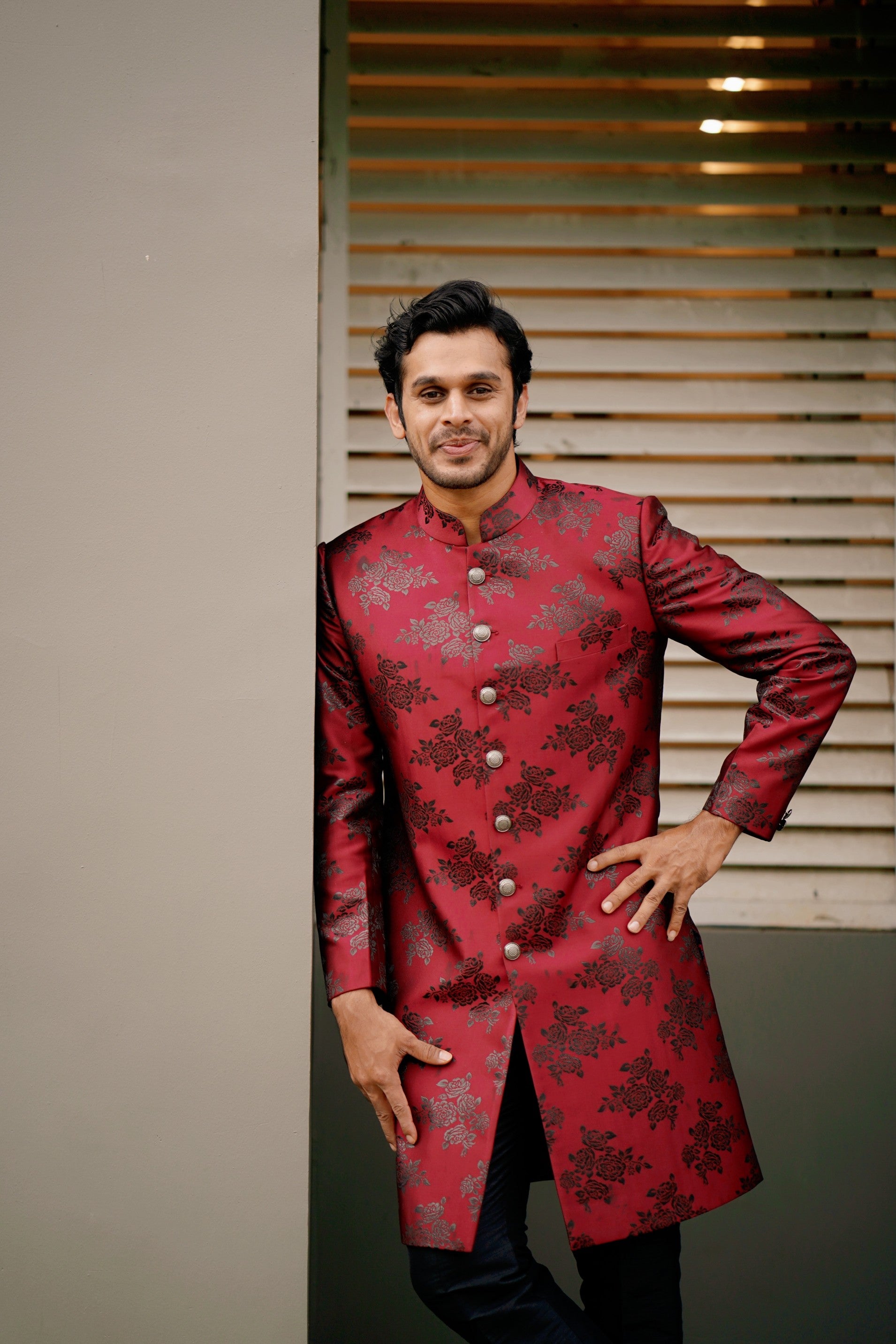 Floral Print Sangria Red Indo Western Slim Achkan Suit  paired with Black Naroow Pants