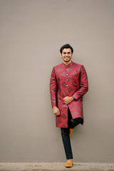 Floral Print Sangria Red Indo Western Slim Achkan Suit  paired with Black Naroow Pants