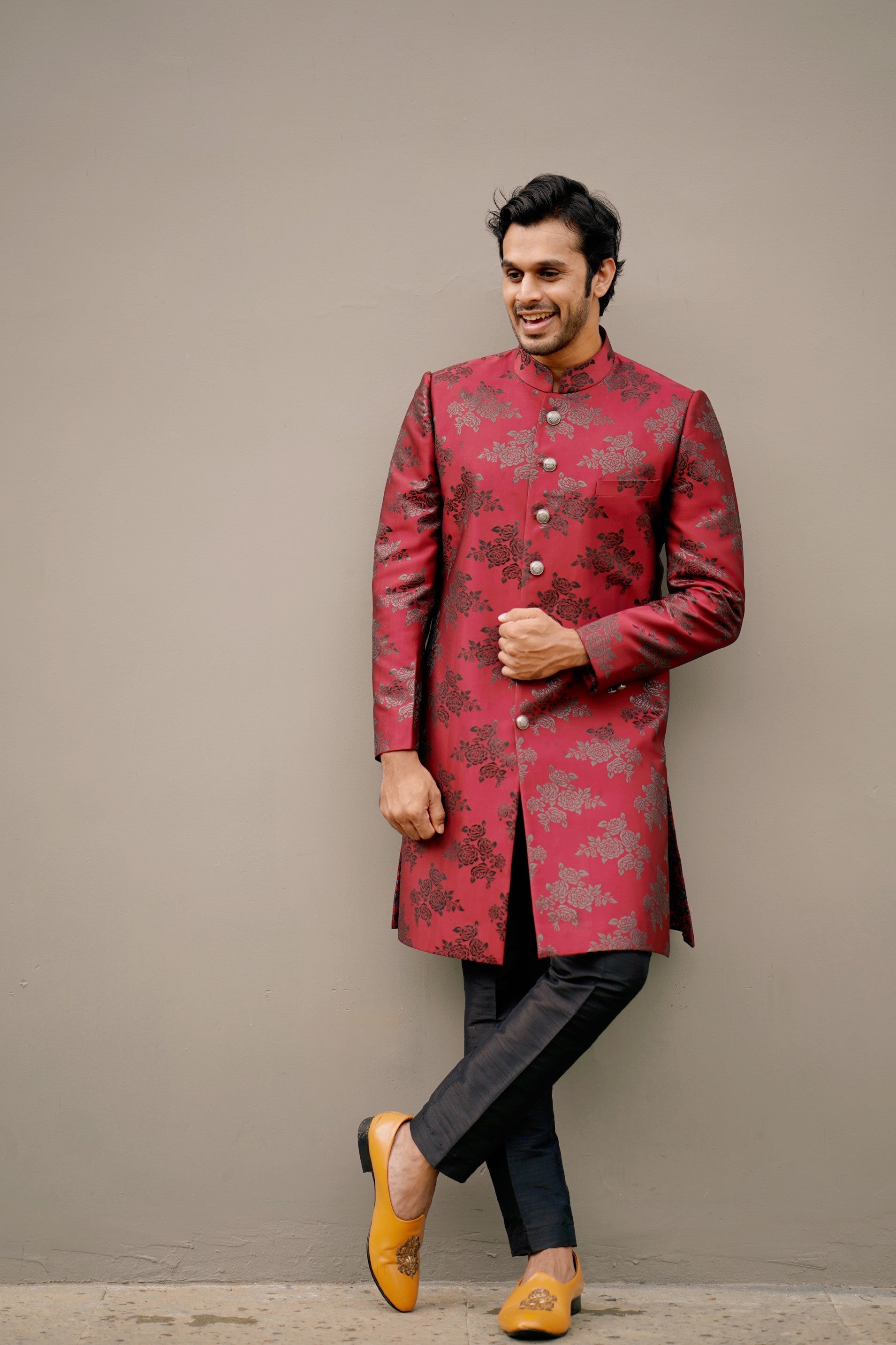 Floral Print Sangria Red Indo Western Slim Achkan Suit  paired with Black Naroow Pants