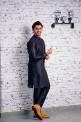 Charcoal Black Kurta Set  With Vertical Tuck Detailing (Kurta + Black Bottom Pants)