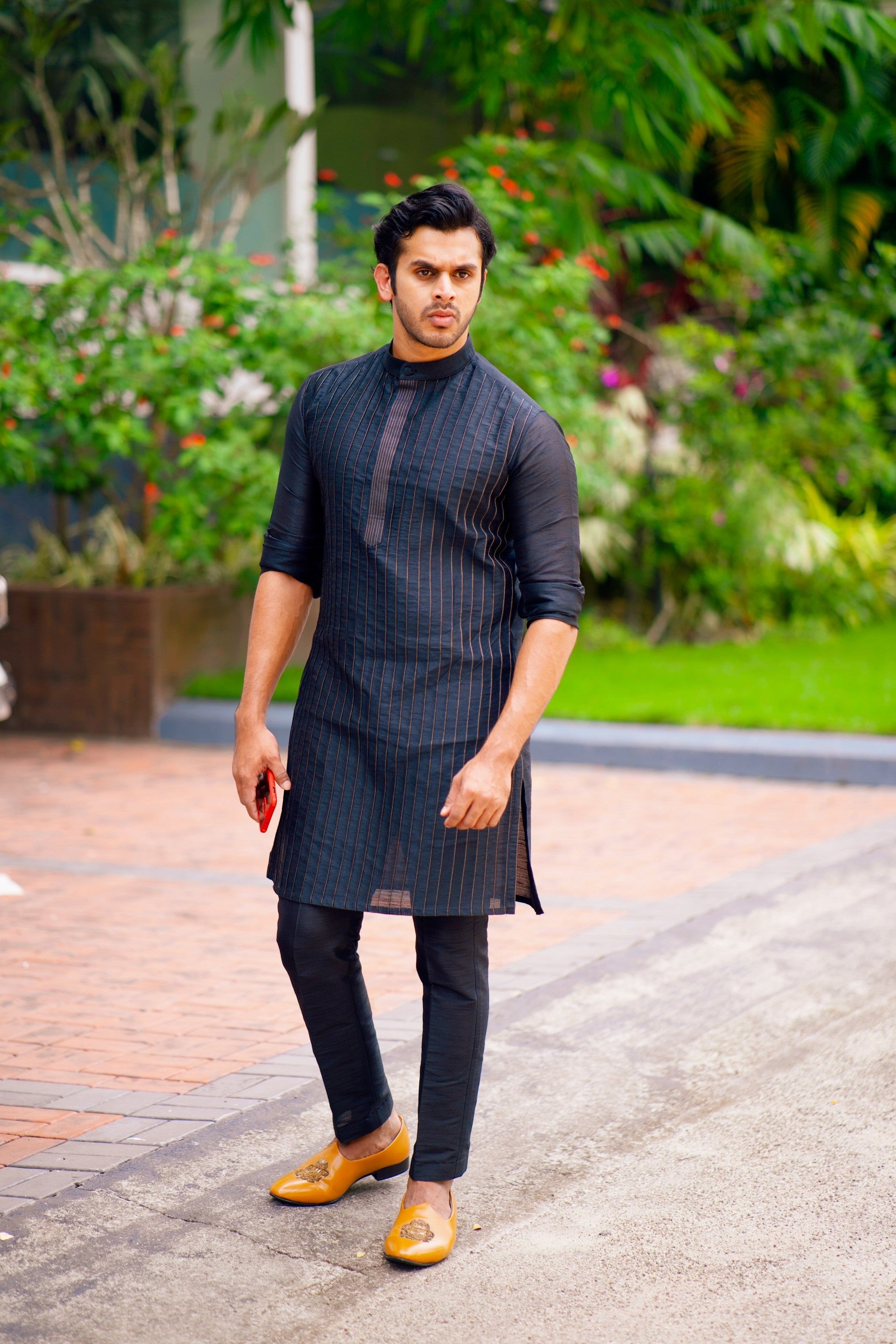 Charcoal Black Kurta  With Vertical Tuck Detailing (Only Kurta)
