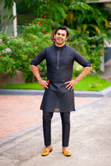 Charcoal Black Kurta Set  With Vertical Tuck Detailing (Kurta + Black Bottom Pants)