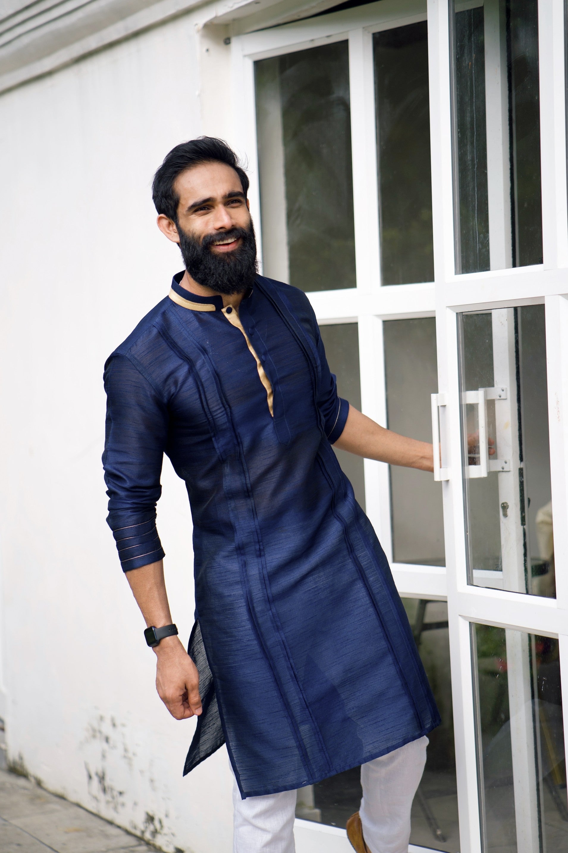 Navy Blue Pleated  Kurta with Golden Detailing  (Only Kurta)