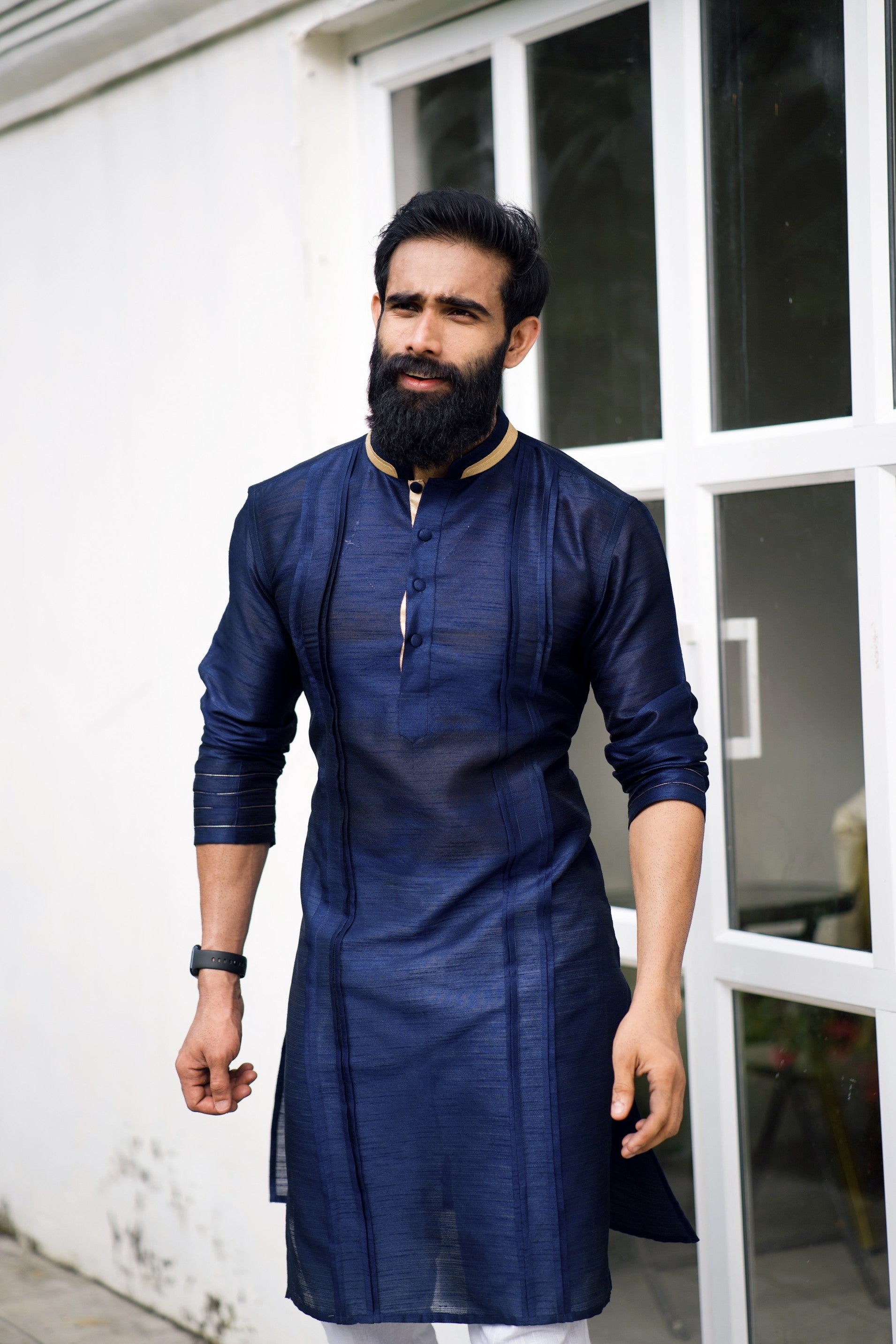 Navy Blue Pleated  Kurta with Golden Detailing  (Only Kurta)