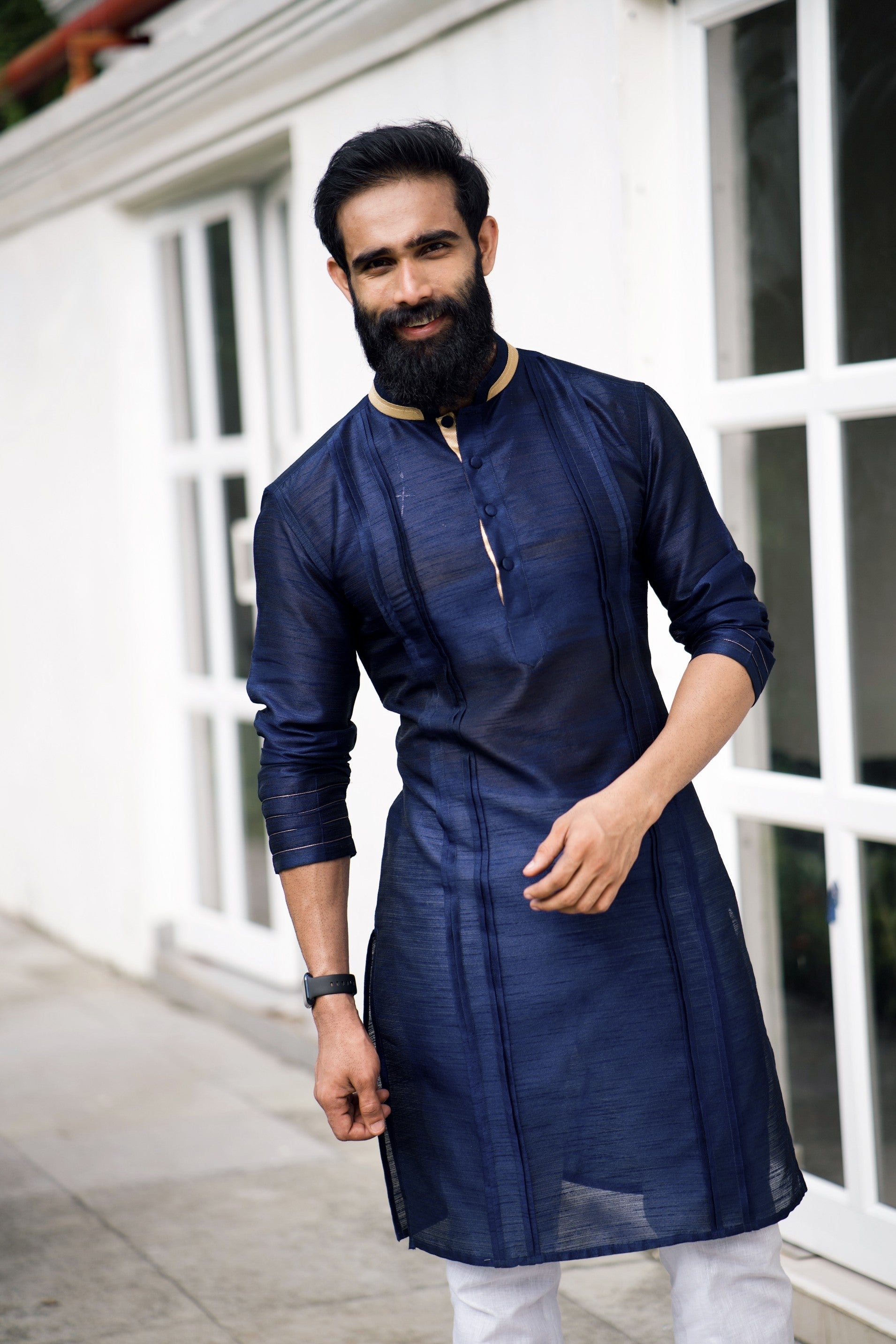 Navy Blue Pleated  Kurta with Golden Detailing  (Only Kurta)