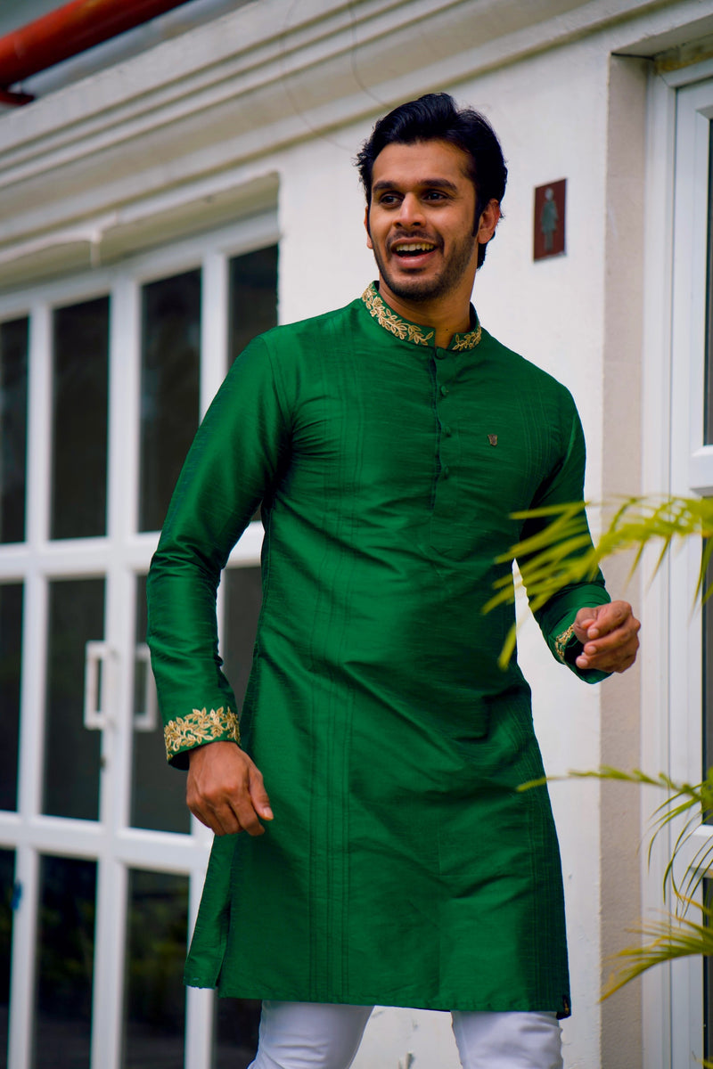 Cadmium Green Kurta Detailed with Handwork on Neck & Sleeves (Only Kurta)