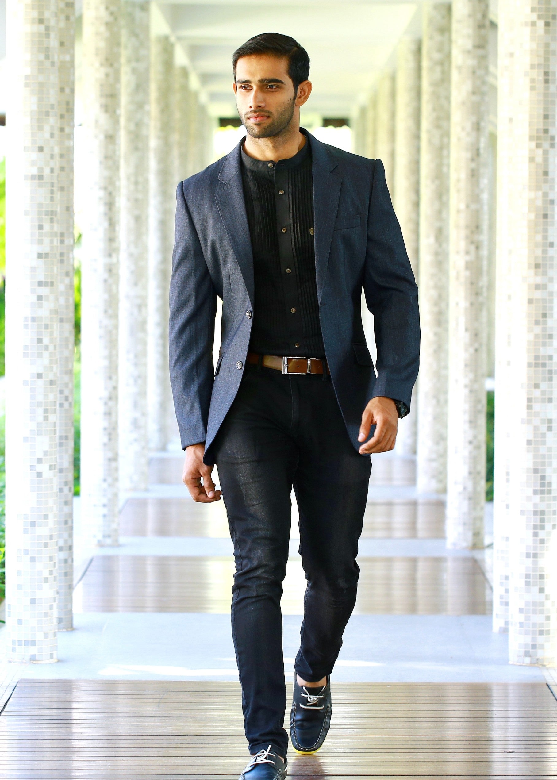 Grey Casual Blazer Set with Black  Pleated Shirt & Pants