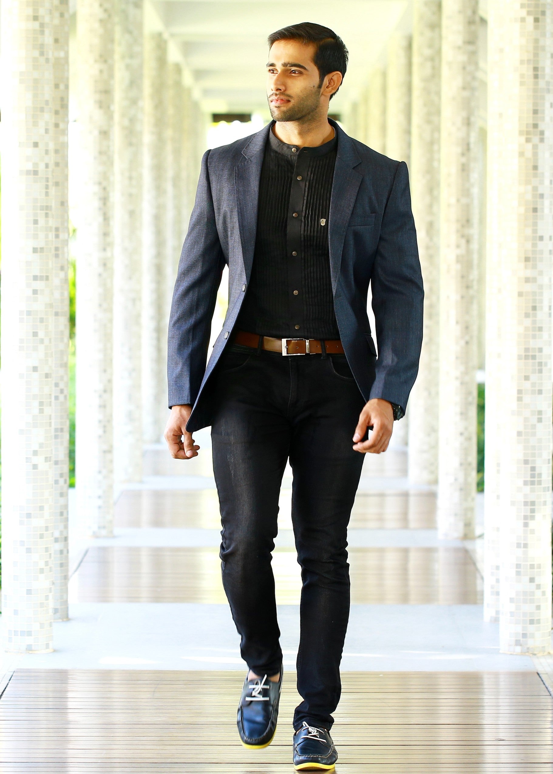 Grey Casual Blazer Set with Black  Pleated Shirt & Pants