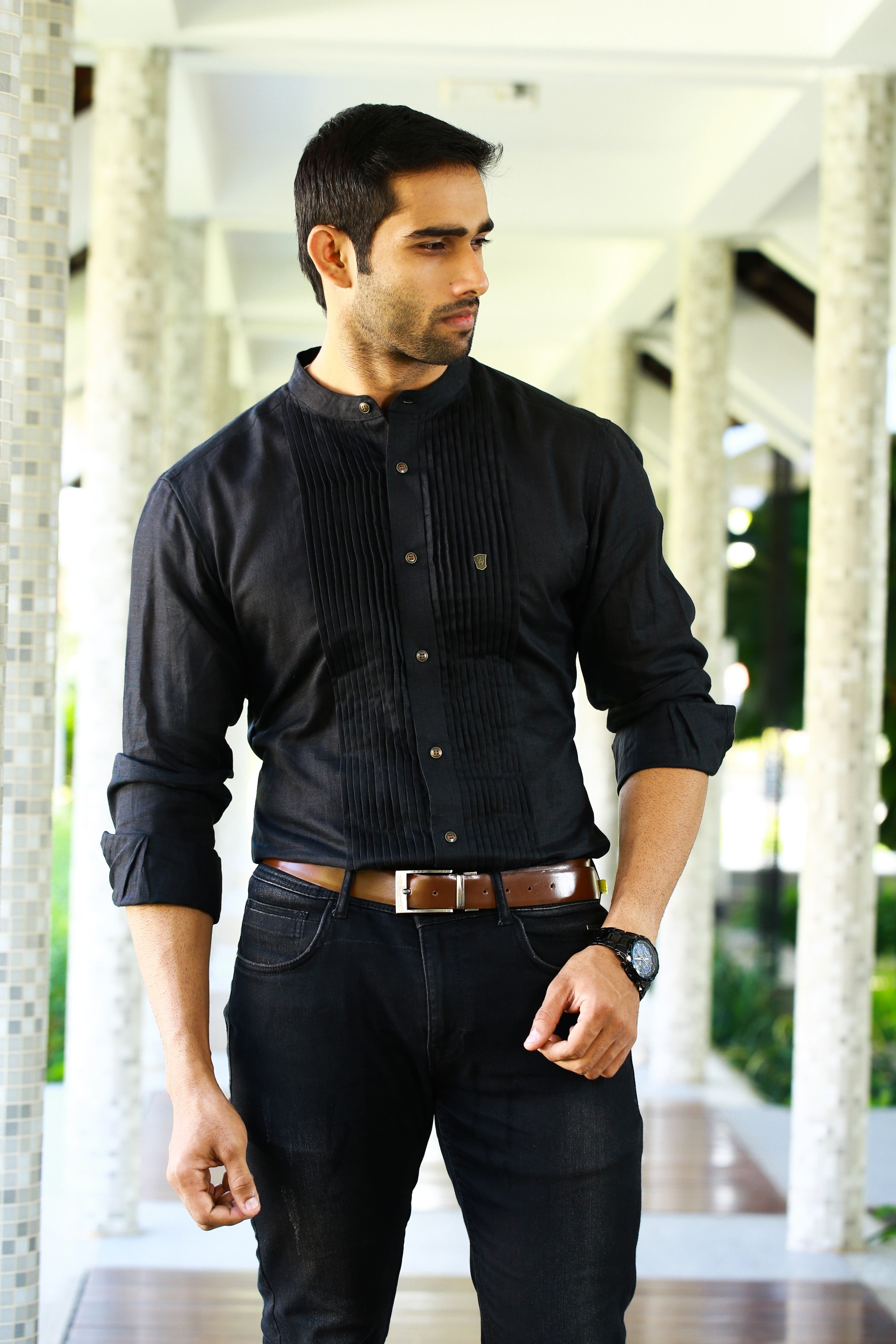 Raven Black Chinese Collar  Vertical Pleated Linen Shirt (Only Shirt)