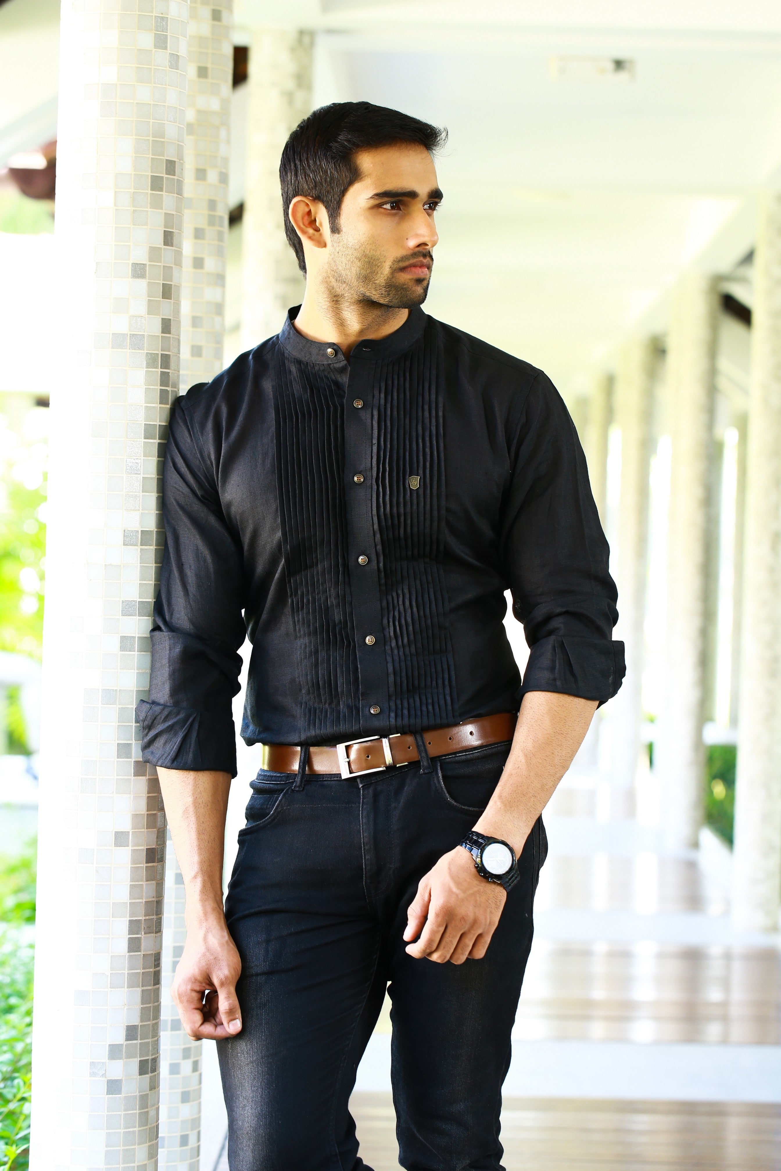 Raven Black Chinese Collar  Vertical Pleated Linen Shirt (Only Shirt)