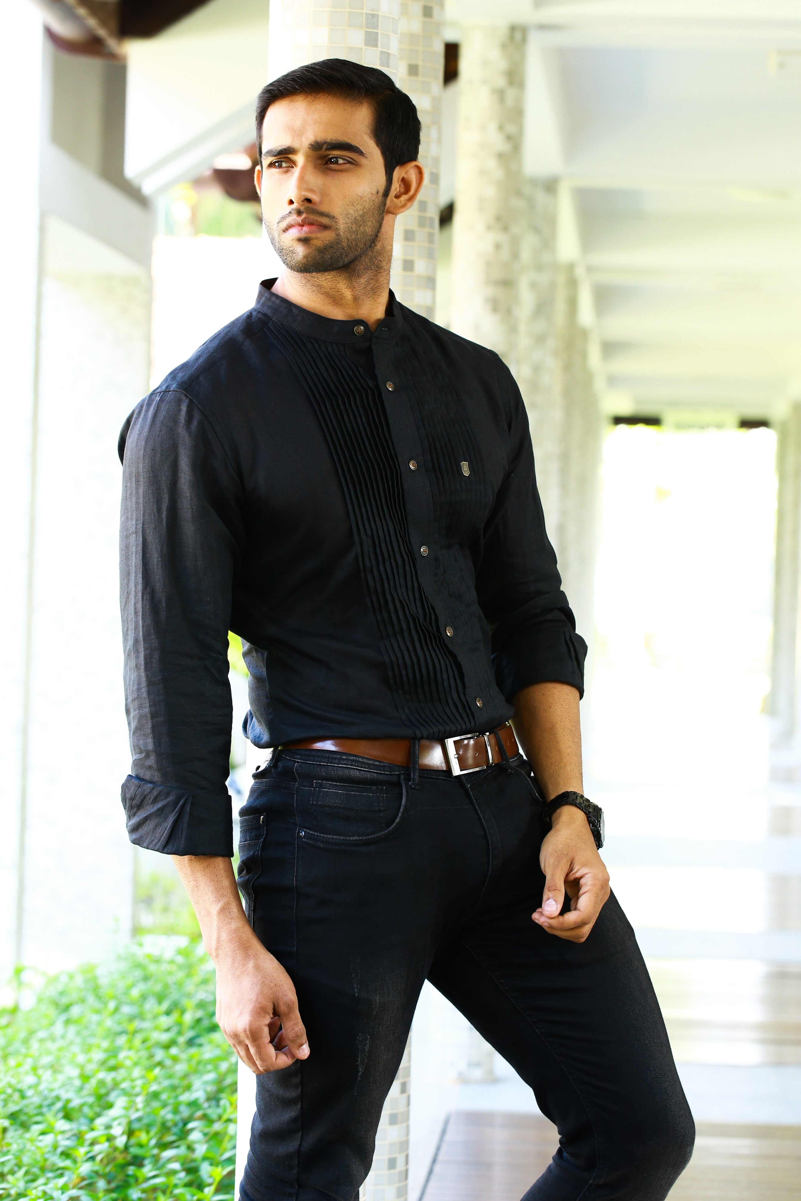 Raven Black Chinese Collar  Vertical Pleated Linen Shirt (Only Shirt)