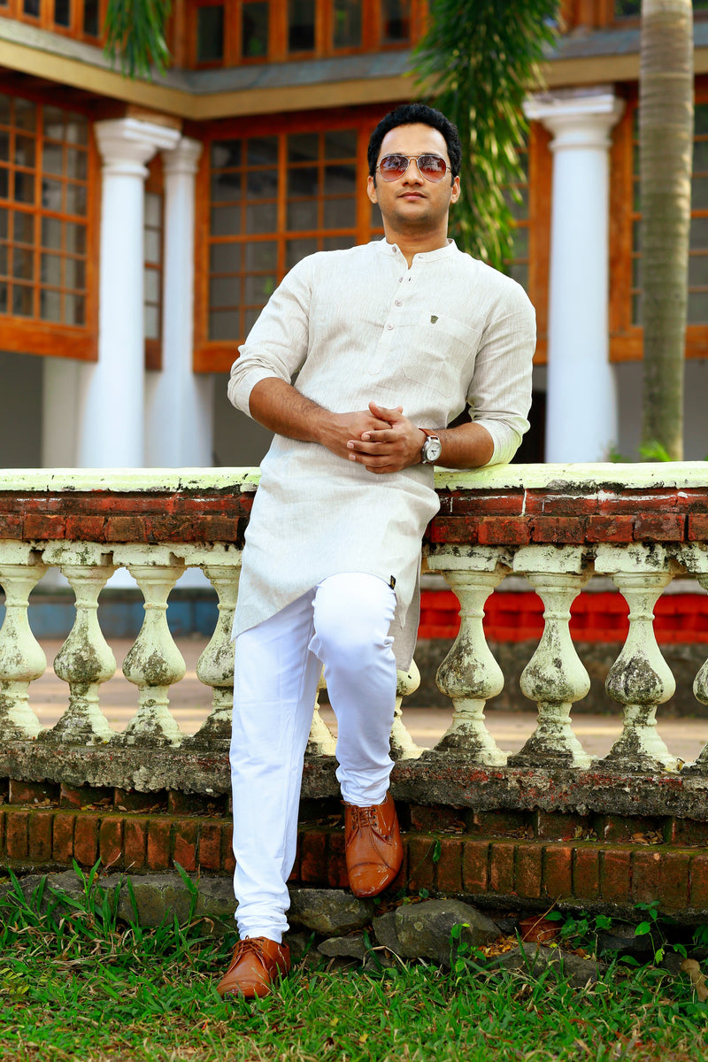 Ivory Beige Linen Kurta Set (Kurta + White Bottom Pants)