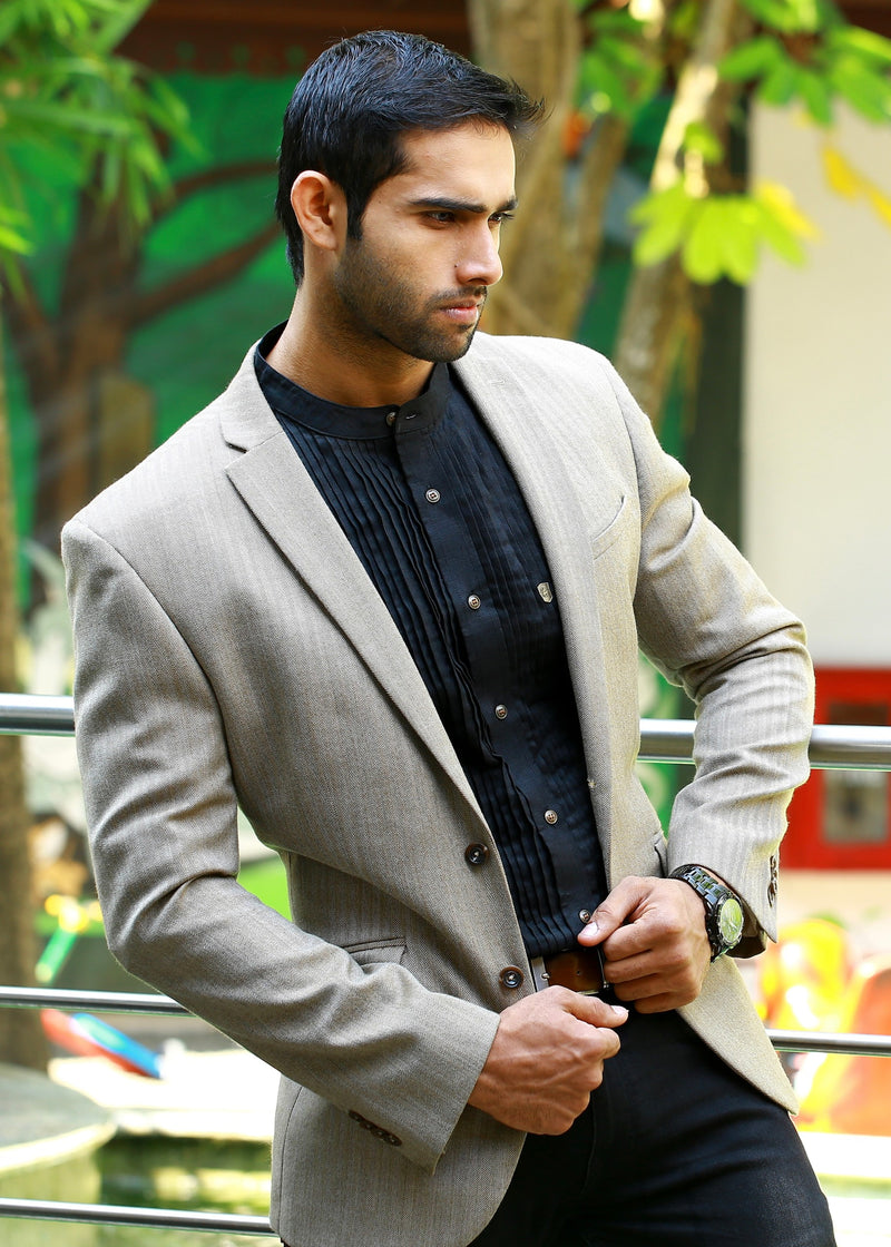 Beige Casual Blazer Set with Black  Pleated Shirt & Pants