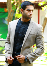 Beige Casual Blazer Set with Black  Pleated Shirt & Pants