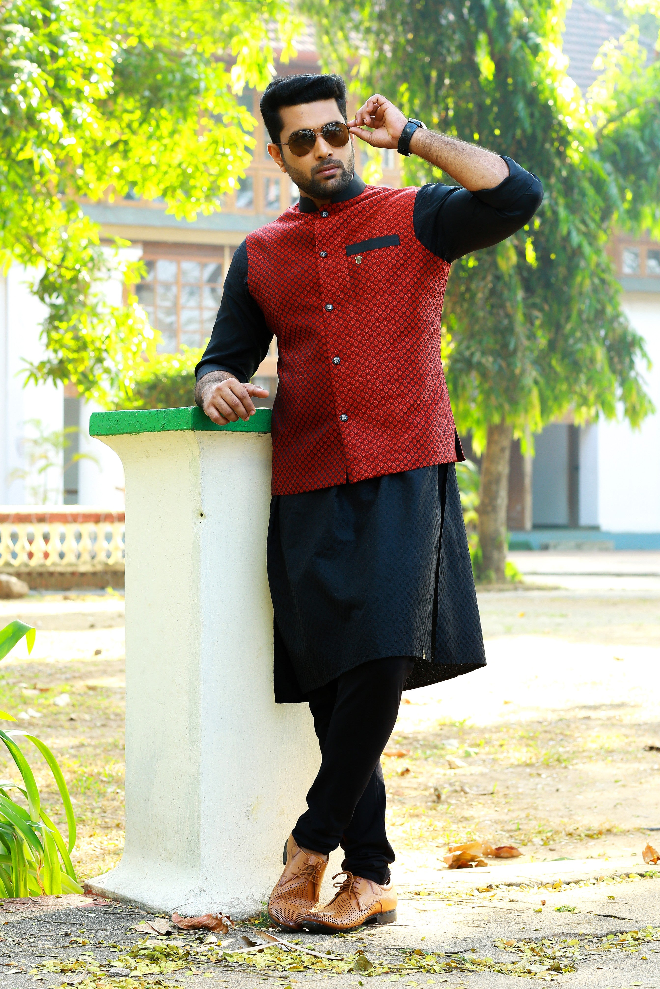 Scarlet Red Brocade Nehru Jacket with Black Kurta & Black Bottom