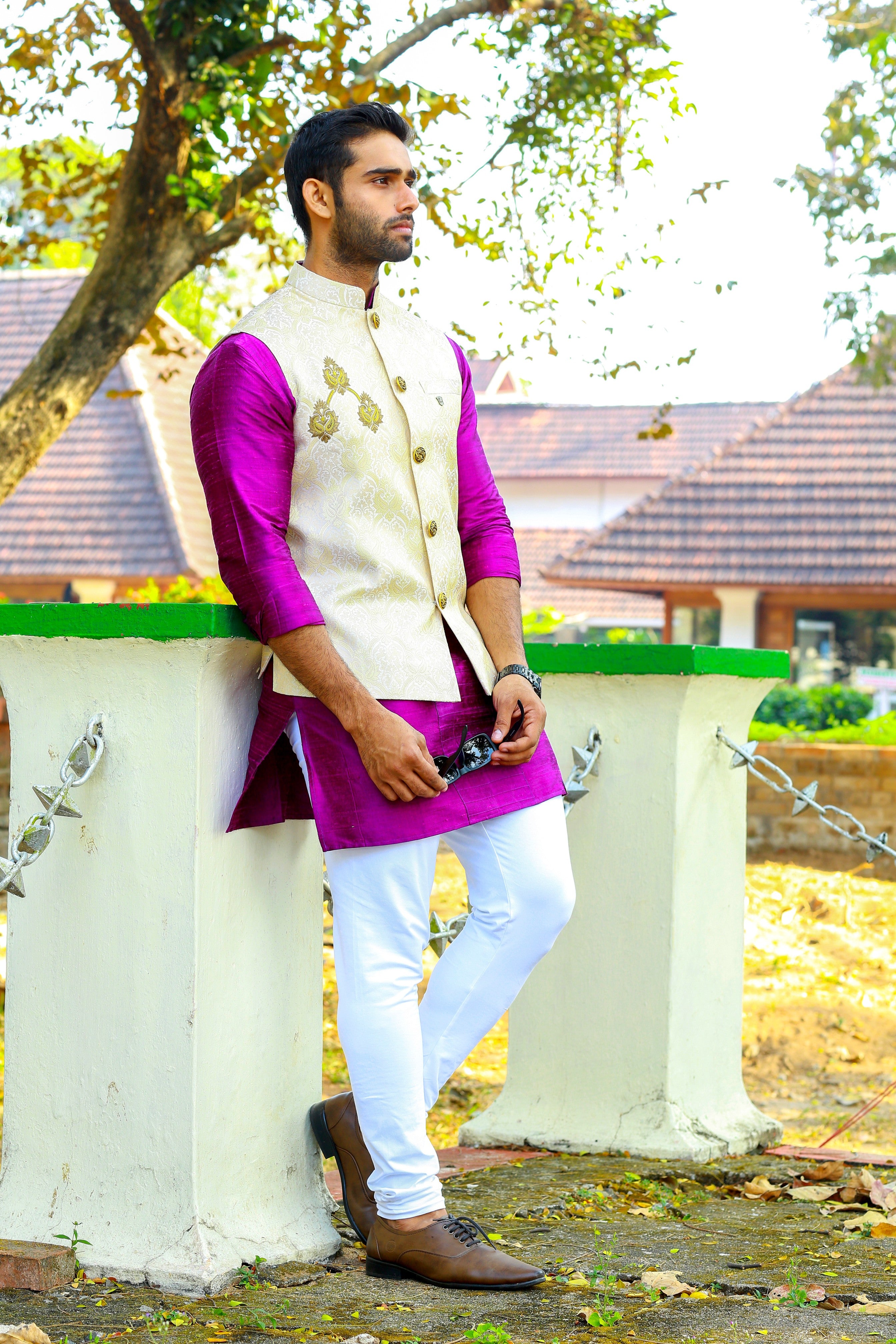 Buff Cream Brocade Nehru Jacket with Purple Kurta & White Bottom