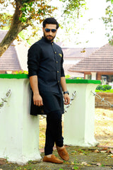 Sable Black Brocade Nehru Jacket with Black Kurta & Black Bottom
