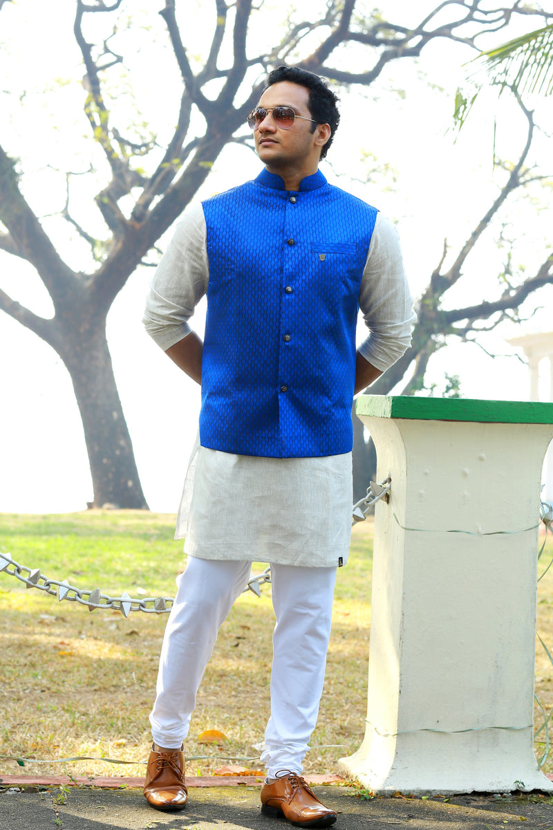 Saphire Blue Brocade Nehru Jacket with Beige Kurta & White Bottom