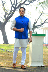 Saphire Blue Brocade Nehru Jacket with Beige Kurta & White Bottom