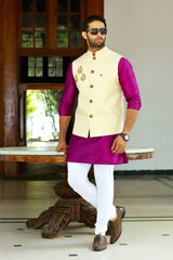 Buff Cream Brocade Nehru Jacket with Purple Kurta & White Bottom