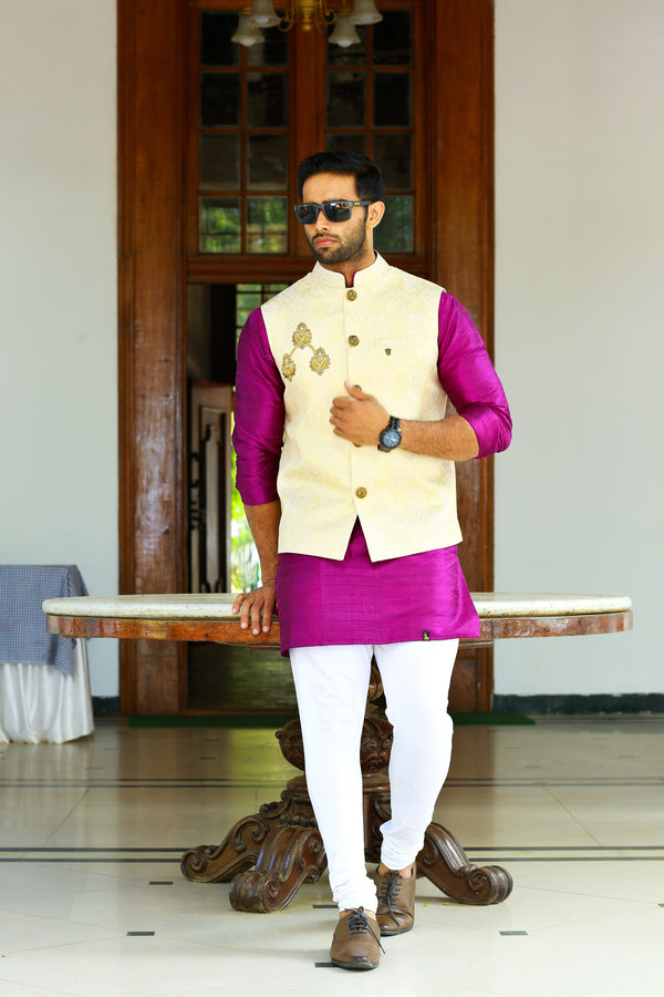 Buff Cream Brocade Nehru Jacket with Purple Kurta & White Bottom
