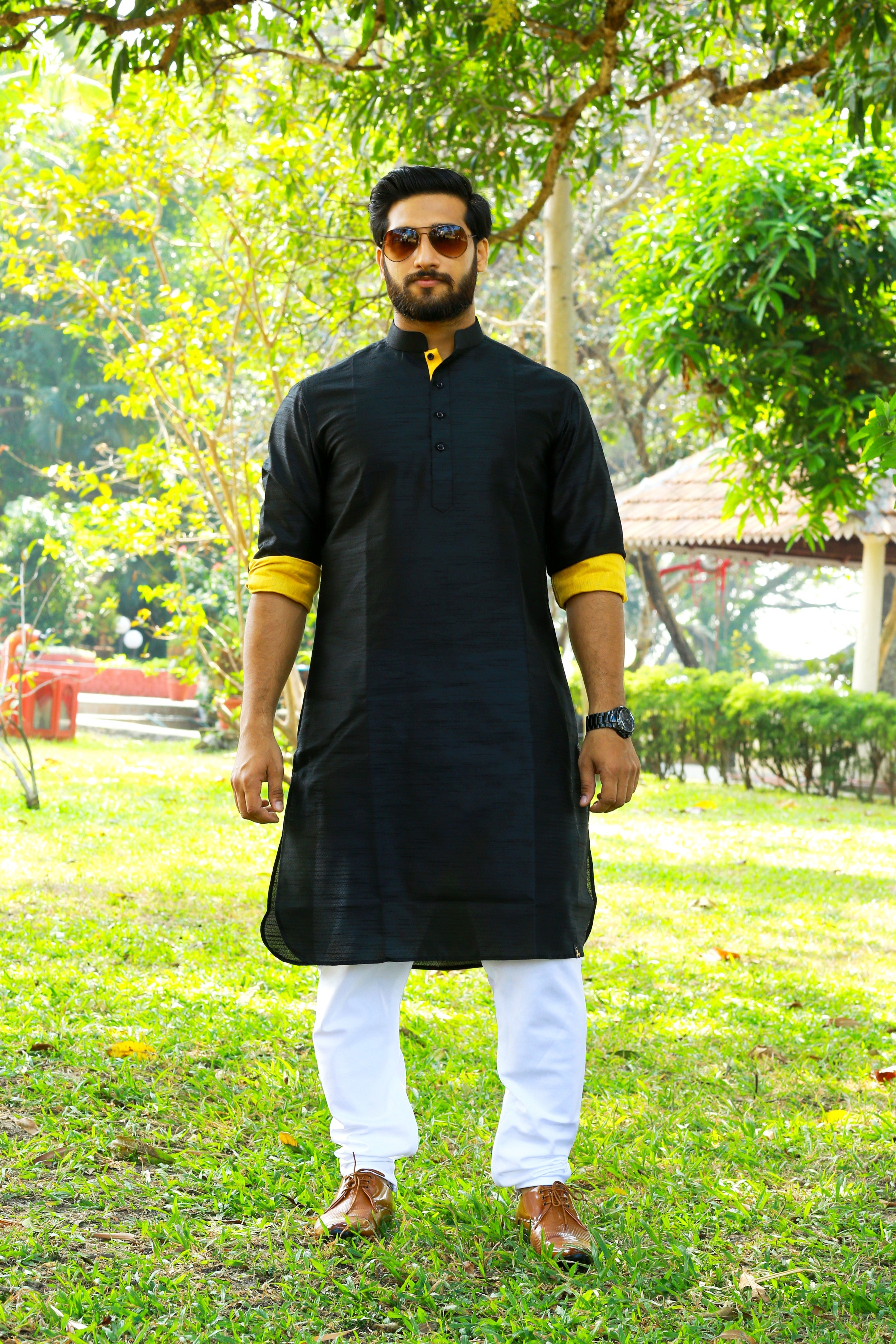 Onyx Black Kurta Set With Yellow  Contrast Yellow Detailing  (Kurta + White Bottom Pants)