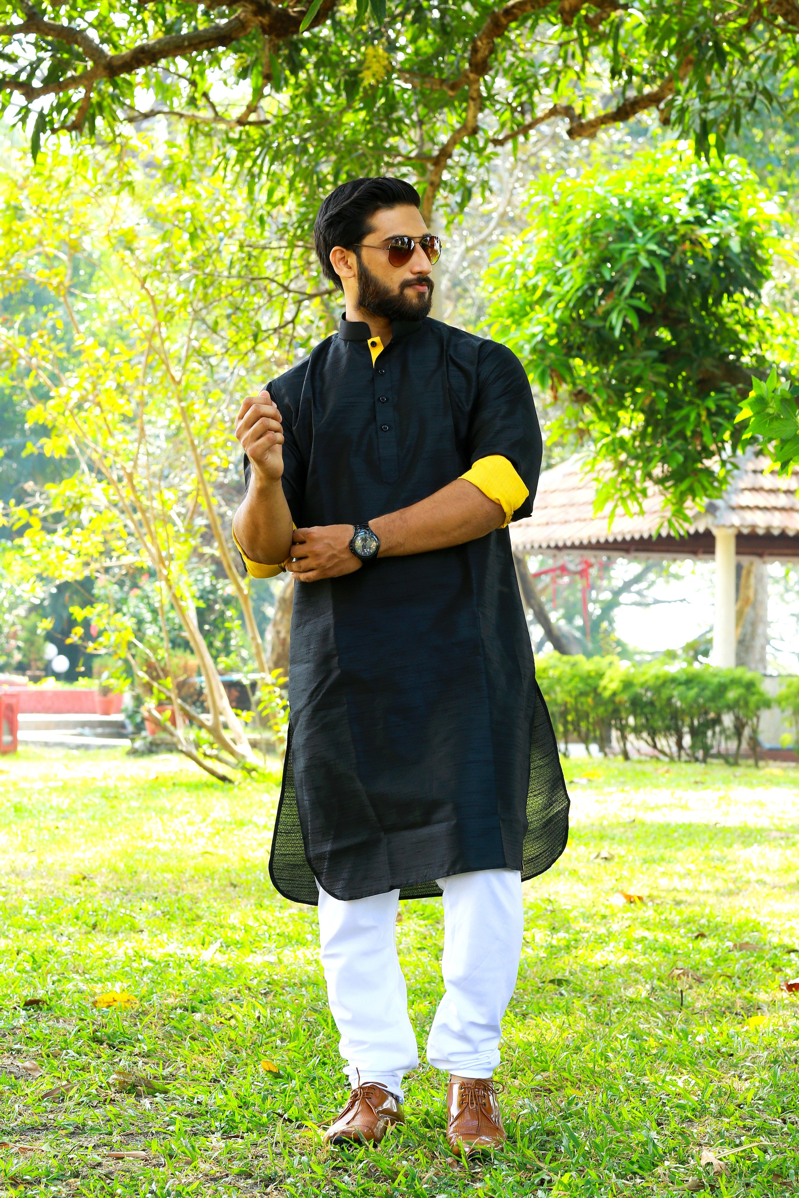 Onyx Black Kurta Set With Yellow  Contrast Yellow Detailing  (Kurta + White Bottom Pants)