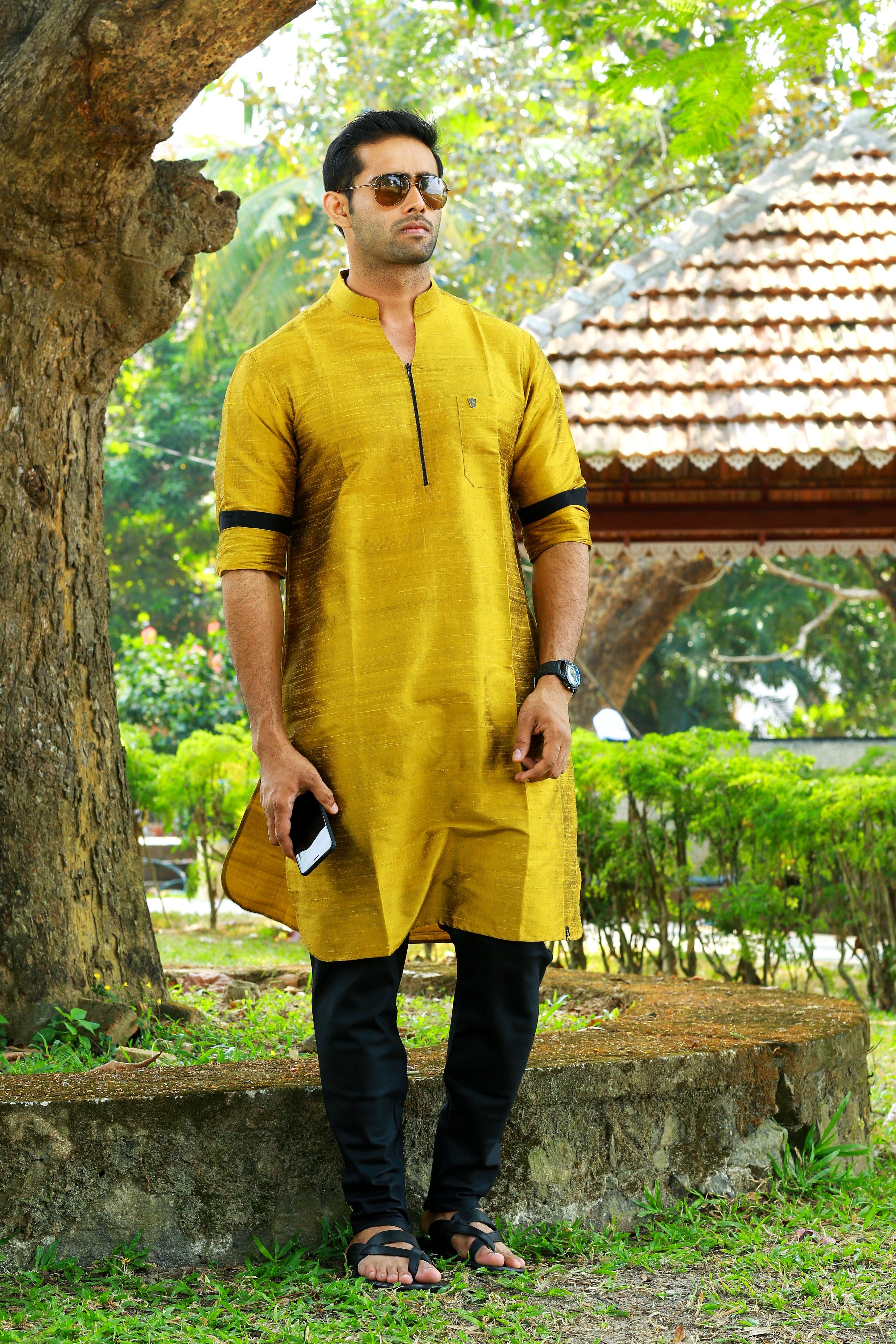 Mustard Yellow Kurta with Black Contrast Detailing (Only Kurta)