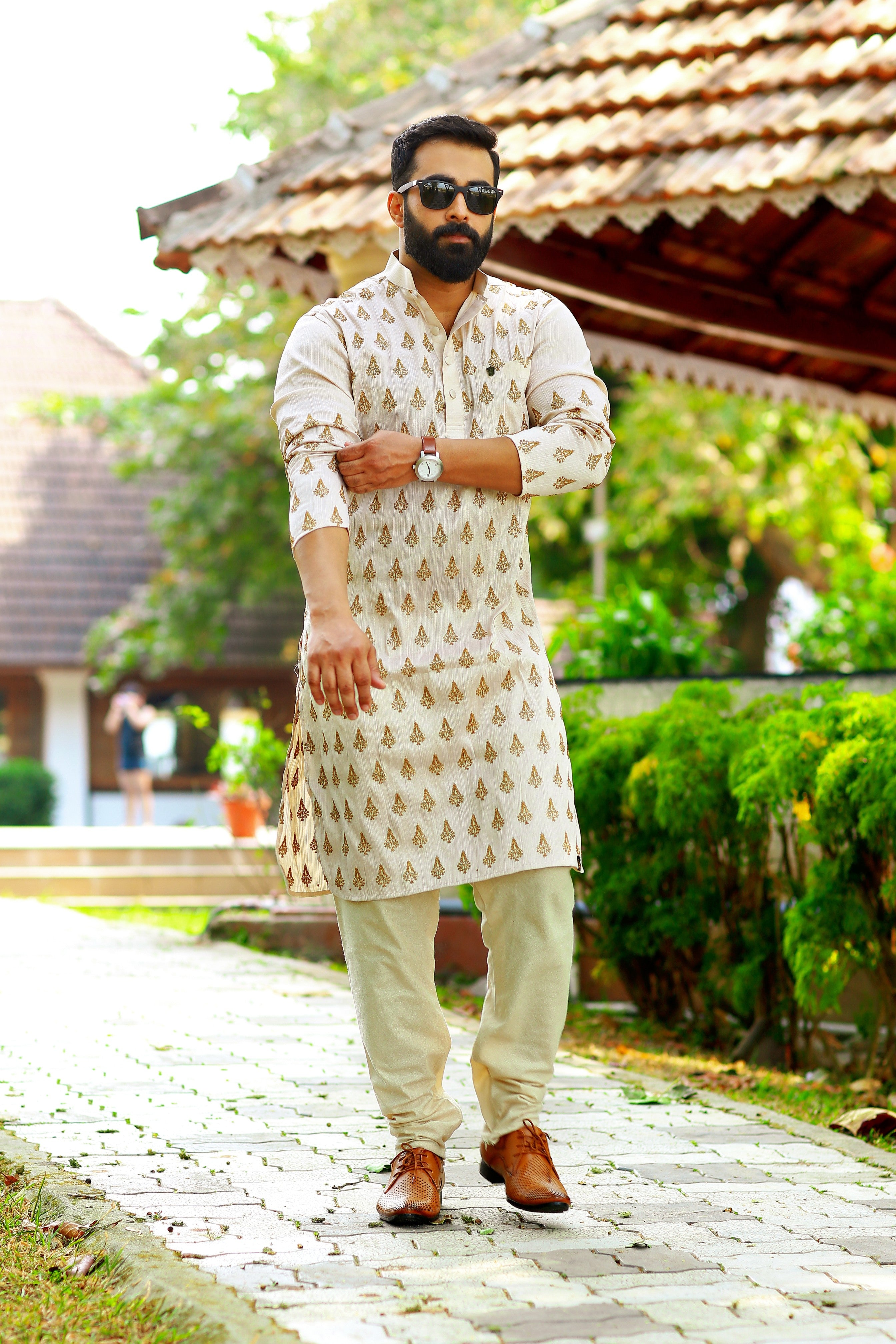 Buff Beige Kurta Set with Heavy Hand Work Detailing (Kurta + Beige Bottom Pants)