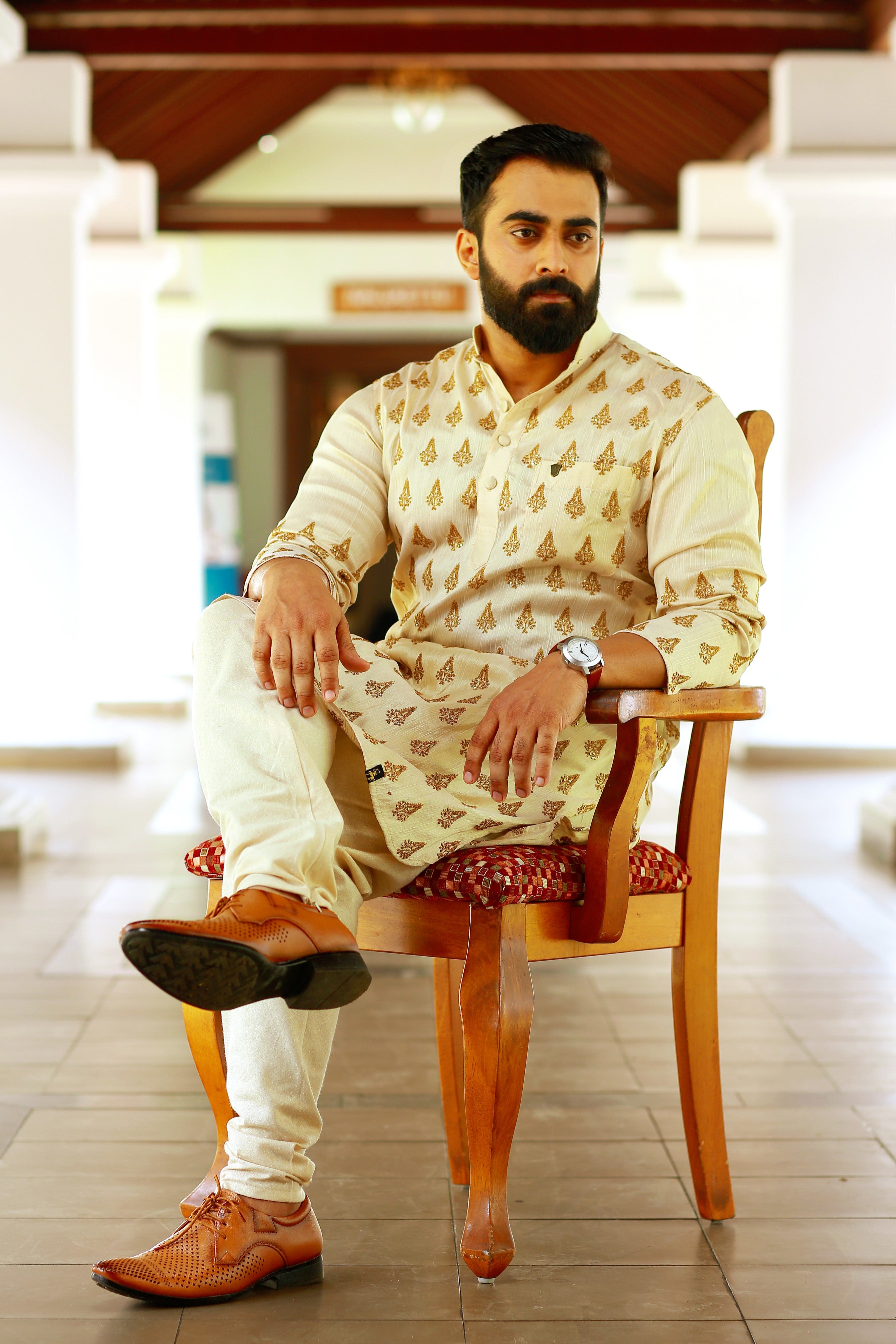 Buff Beige Kurta with Heavy Hand Work Detailing (Only Kurta)