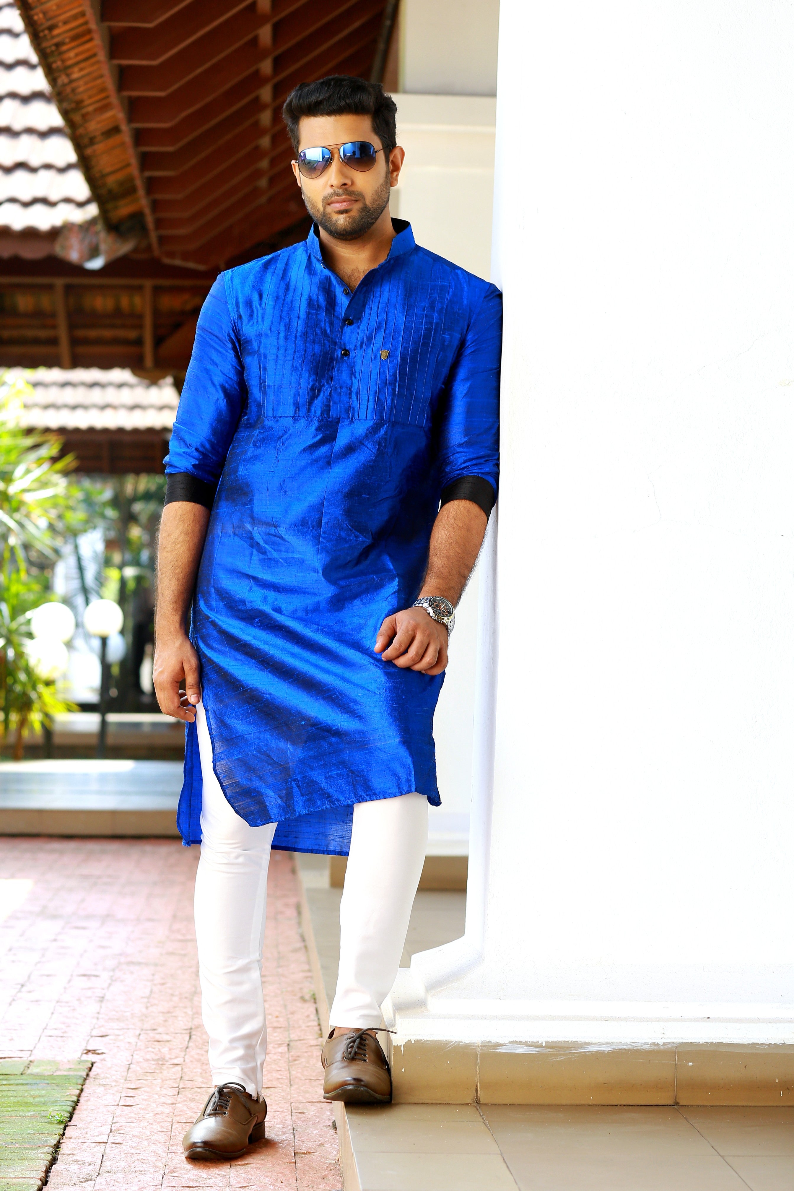 Persian Blue Vertical Tucked Kurta  (Only Kurta)