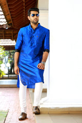 Persian Blue Vertical Tucked Kurta Set with Black Detailing (Kurta + White Bottom Pants)