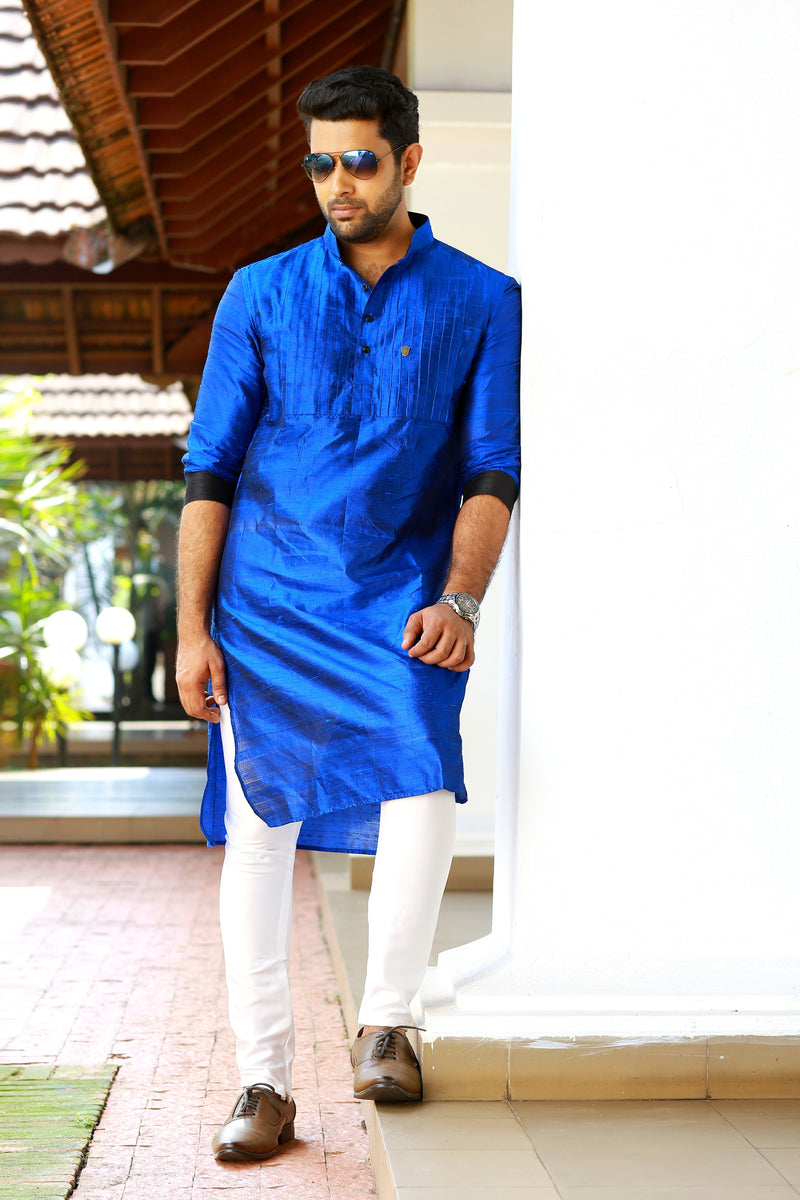 Persian Blue Vertical Tucked Kurta Set with Black Detailing (Kurta + White Bottom Pants)