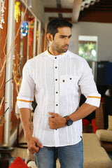 Daisy White Chinese Collar Linen Shirt with Orange Detailing on Neck & Sleeves (Only Shirt)