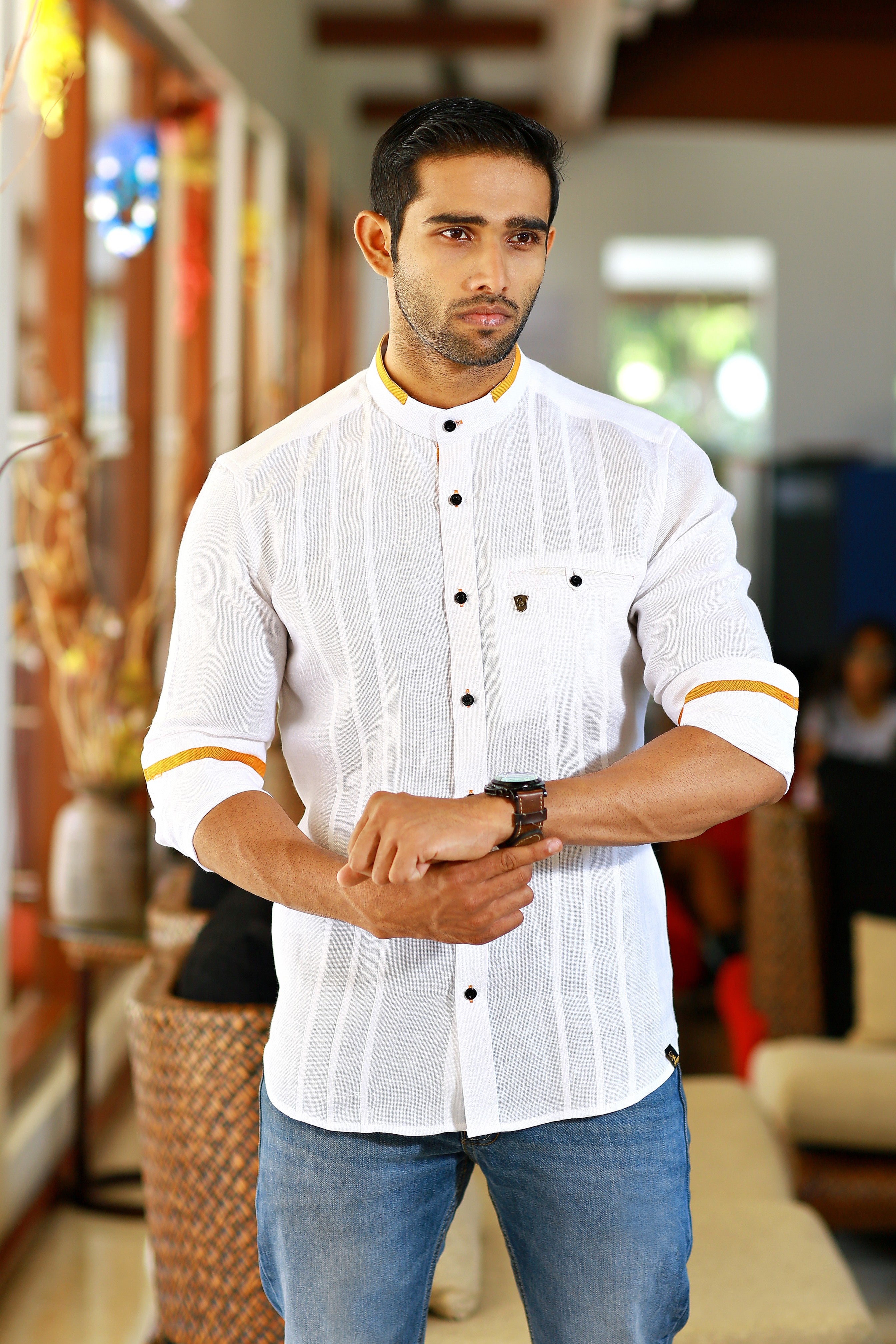 Daisy White Chinese Collar Linen Shirt with Orange Detailing on Neck & Sleeves (Only Shirt)